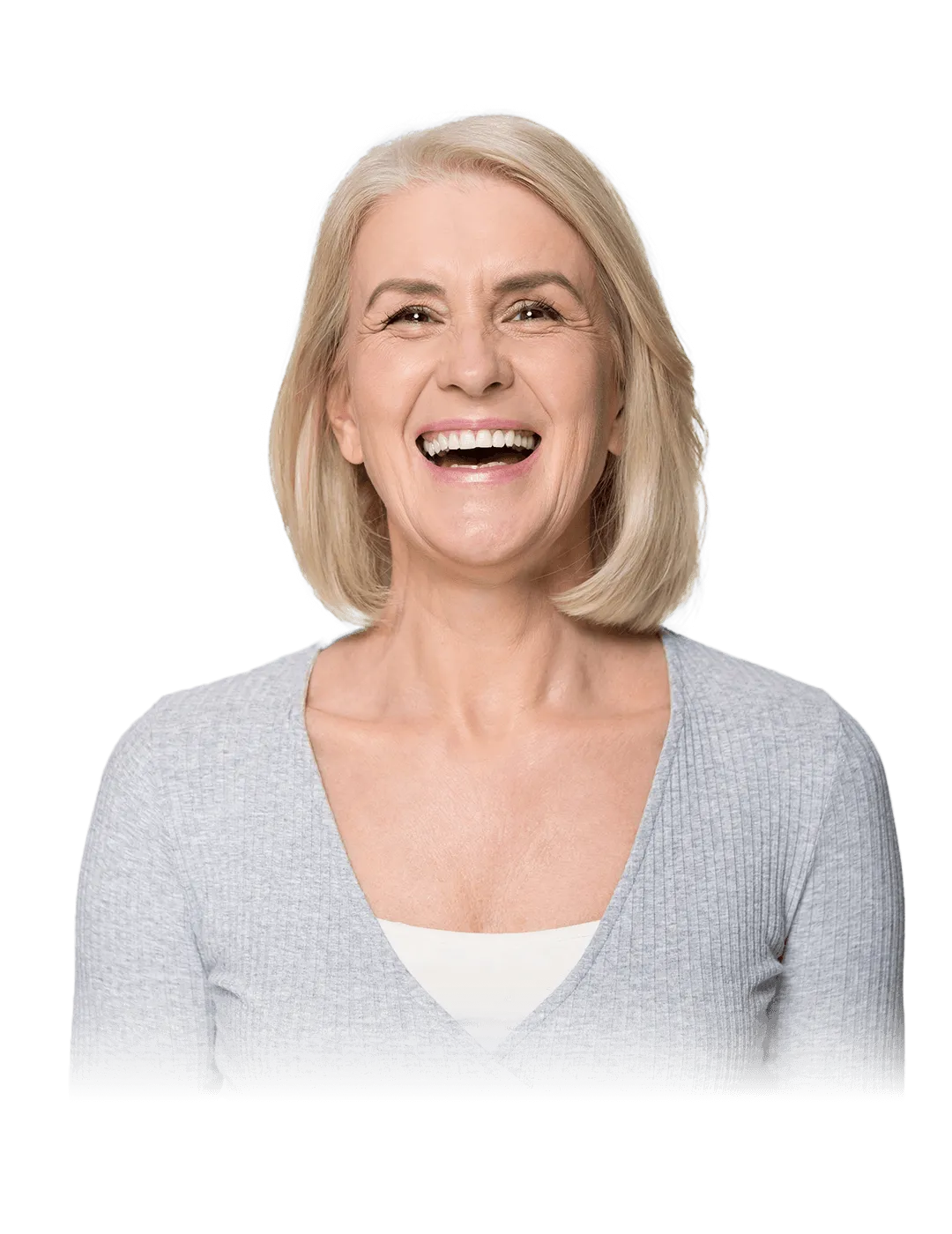 A smiling woman with shoulder-length blonde hair wearing a light gray top, posing against a geometric black background with diagonal blue and red lines.