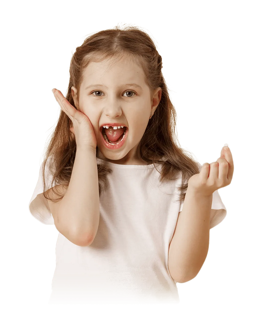 A young girl with light brown hair and a white shirt looks surprised and excited, holding one hand to her face and the other raised. The background features a geometric pattern of blue and pink lines.