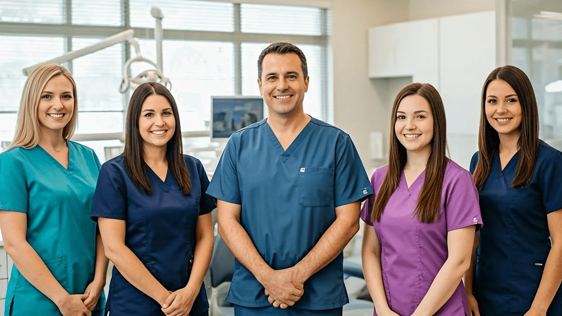 Smiling dental team wearing blue scrubs, reflecting a positive and welcoming atmosphere.