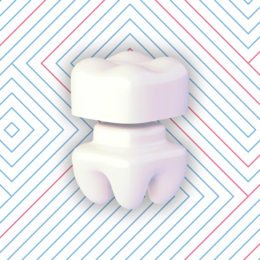3D illustration of a stylized teeth and crown, separated and floating against a dark blue geometric background with diagonal lines and diamond shapes.