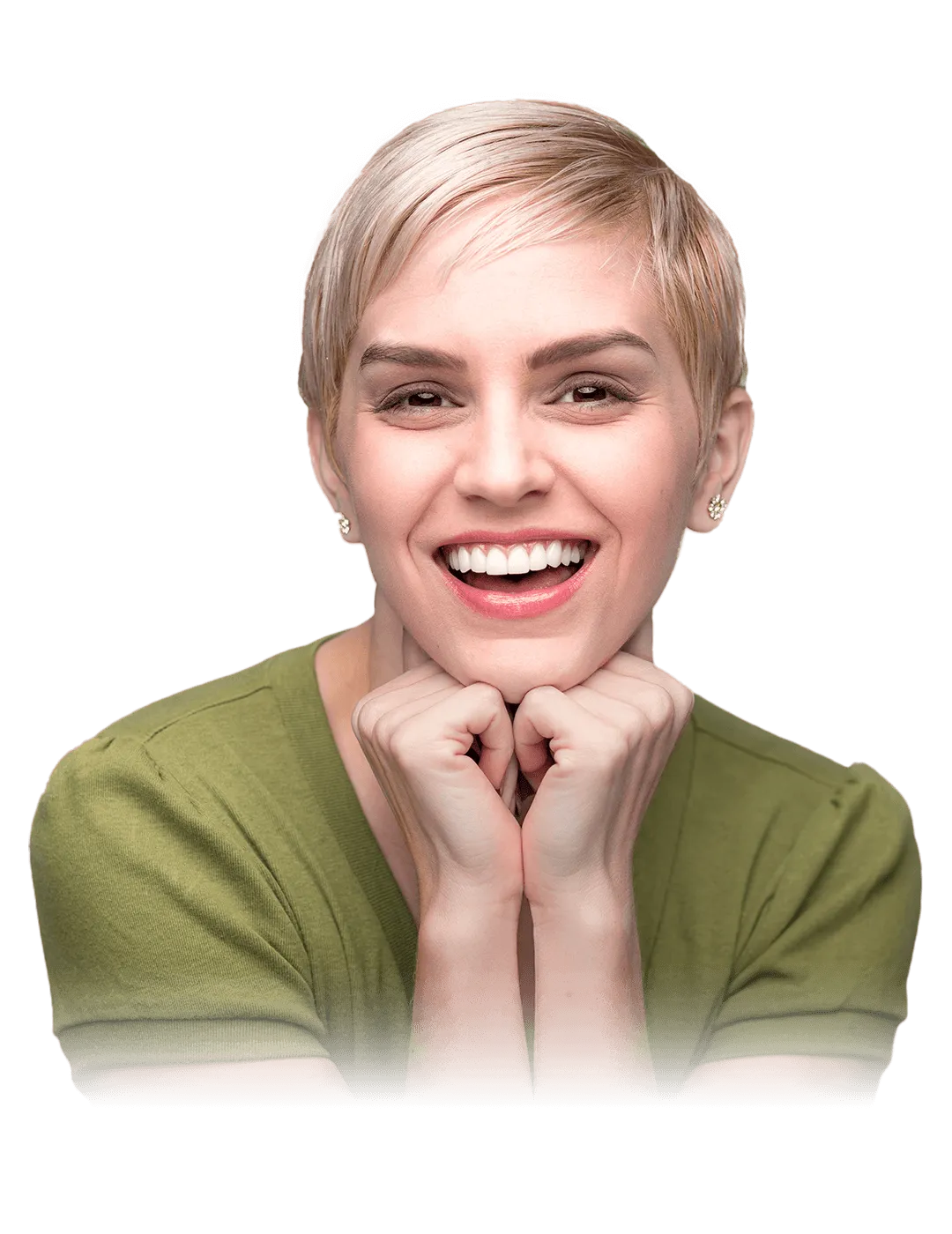 A smiling person with short blonde hair and a green top poses with hands under their chin, against a geometric blue and red line-patterned background.