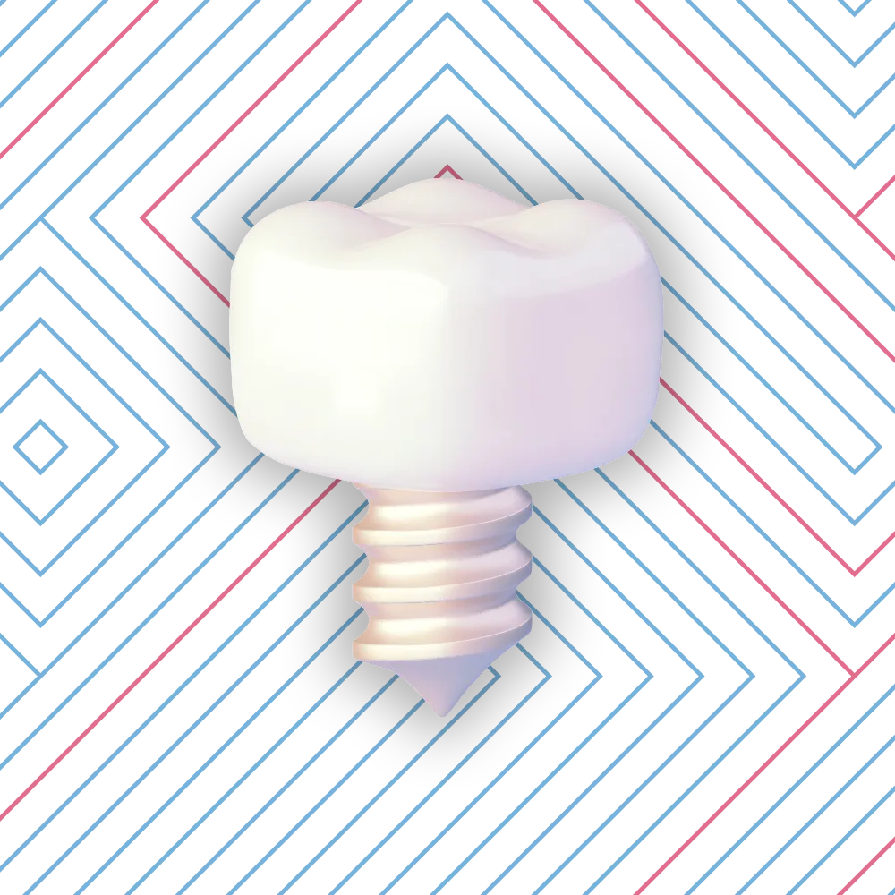 3D illustration of a stylized dental implant, separated and floating against a dark blue geometric background with diagonal lines and diamond shapes.