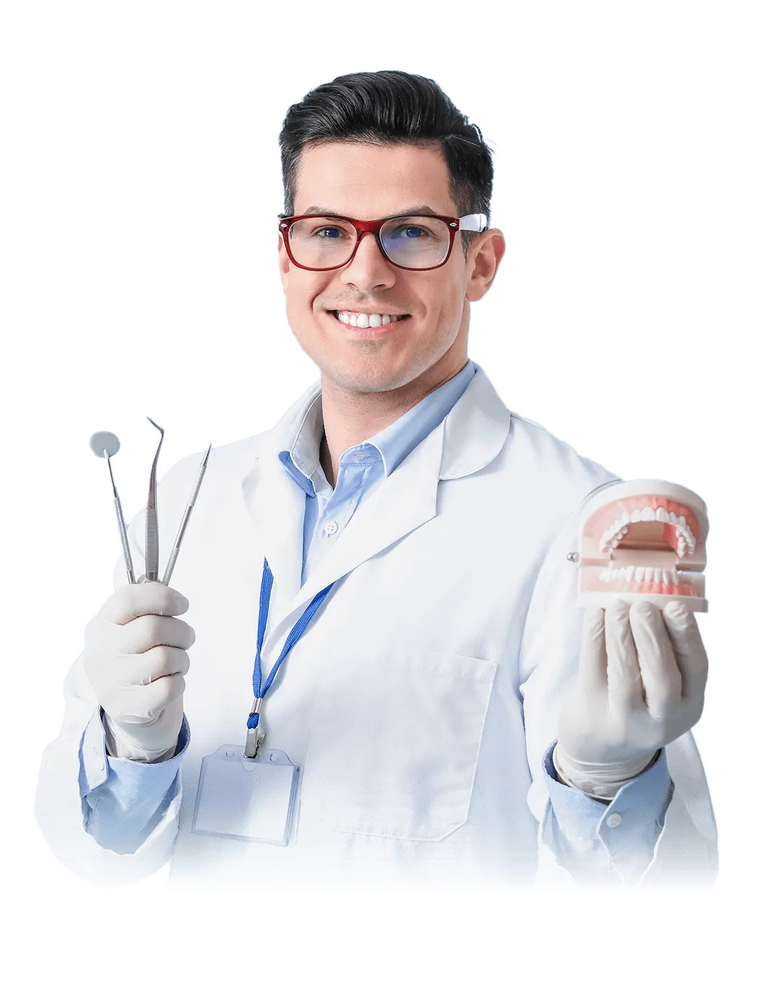 A smiling dentist in a white coat and glasses holds dental tools in one hand and a model of human teeth in the other, standing in front of a geometric, black and blue-lined background.