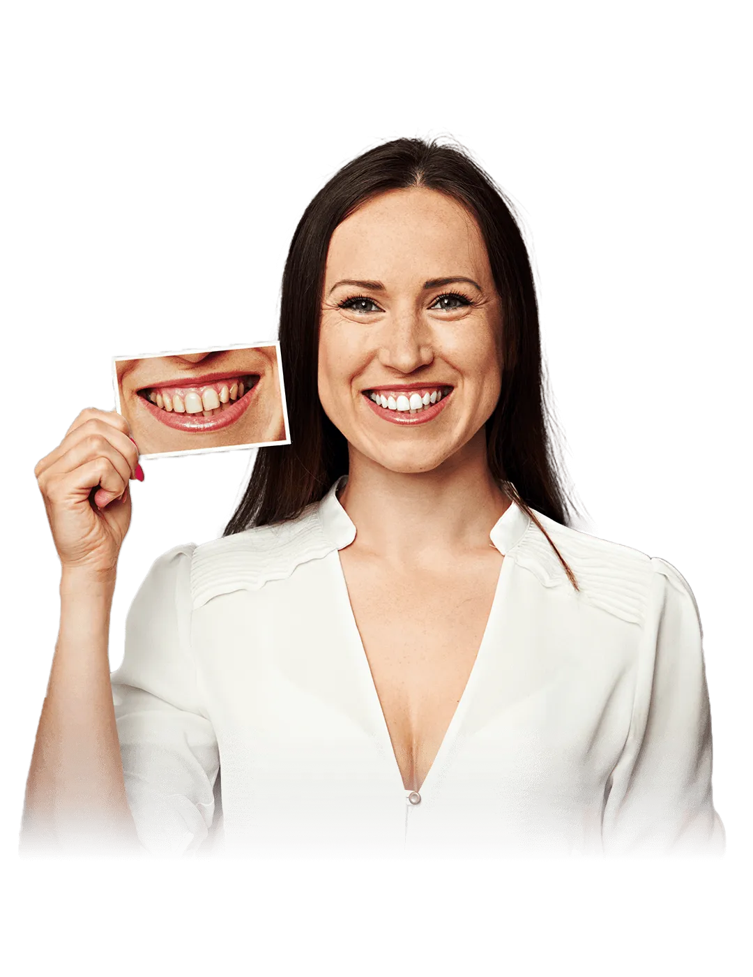 A woman in a white blouse holds a photo of a smiling mouth in front of her own, matching her real smile. The background features blue and red geometric line patterns.