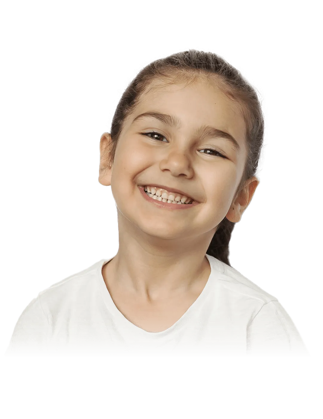 A smiling young girl with long brown hair pulled back, wearing a white shirt, is shown against a geometric background of diagonal black, blue, and red lines.