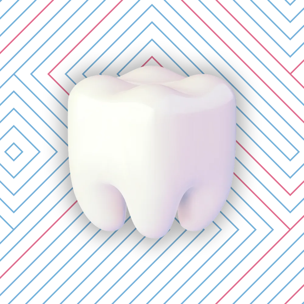 3D illustration of a stylized teeth with veneers, separated and floating against a dark blue geometric background with diagonal lines and diamond shapes.