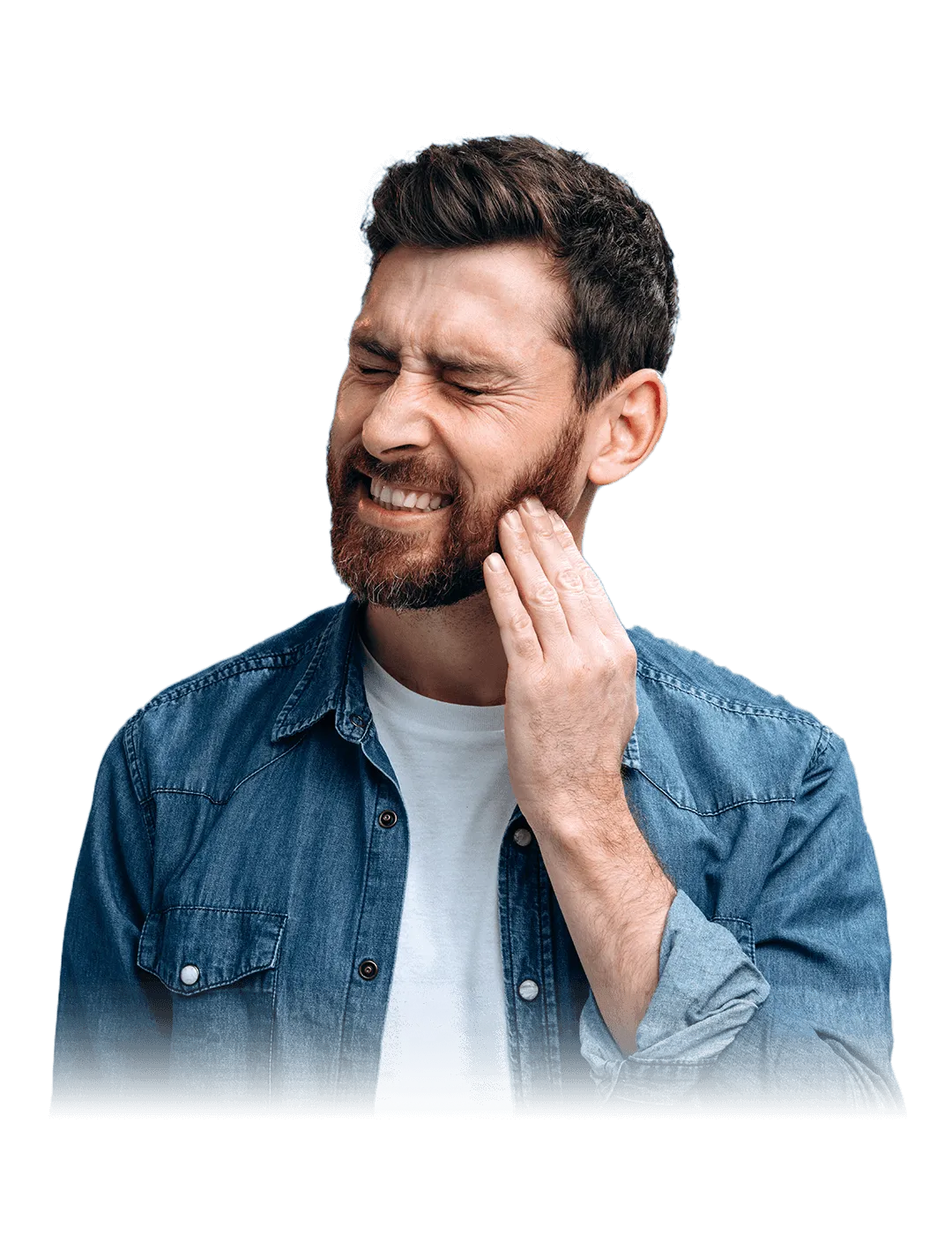 A man with a beard, wearing a denim shirt over a white t-shirt, closes his eyes and touches his cheek in discomfort, as if experiencing tooth pain. The background features a geometric black, blue, and red pattern.