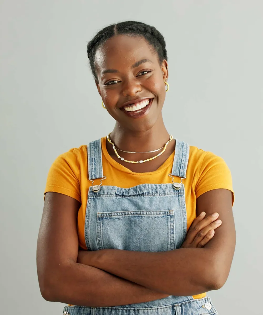 A woman smiling
