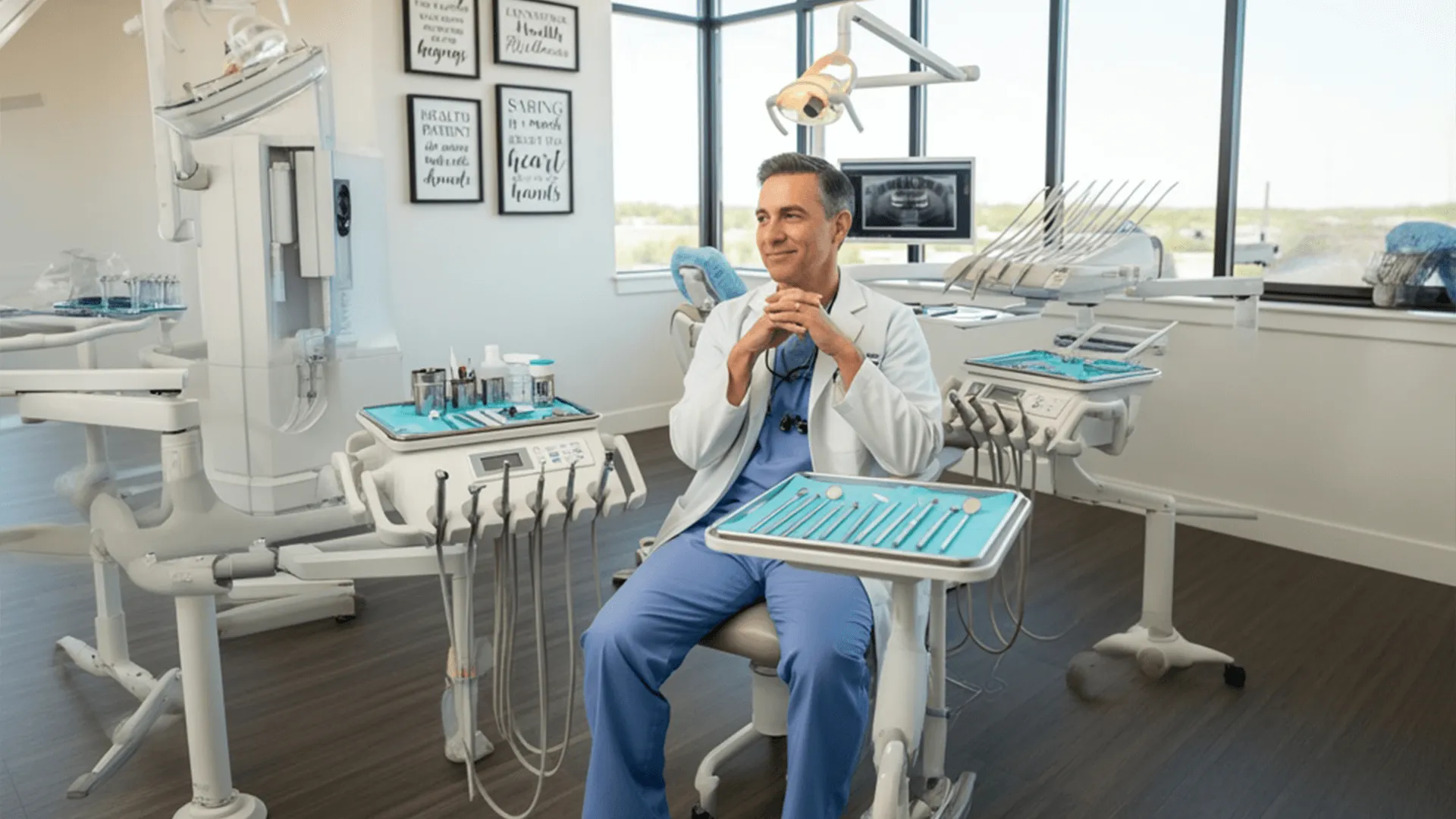Dentist sitting in a dental chair surrounded by dental equipment.