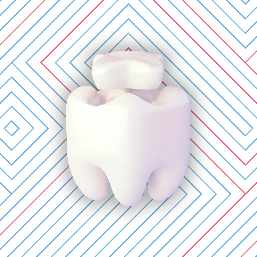 3D illustration of a tooth with a dental crown positioned above it, ready for placement.