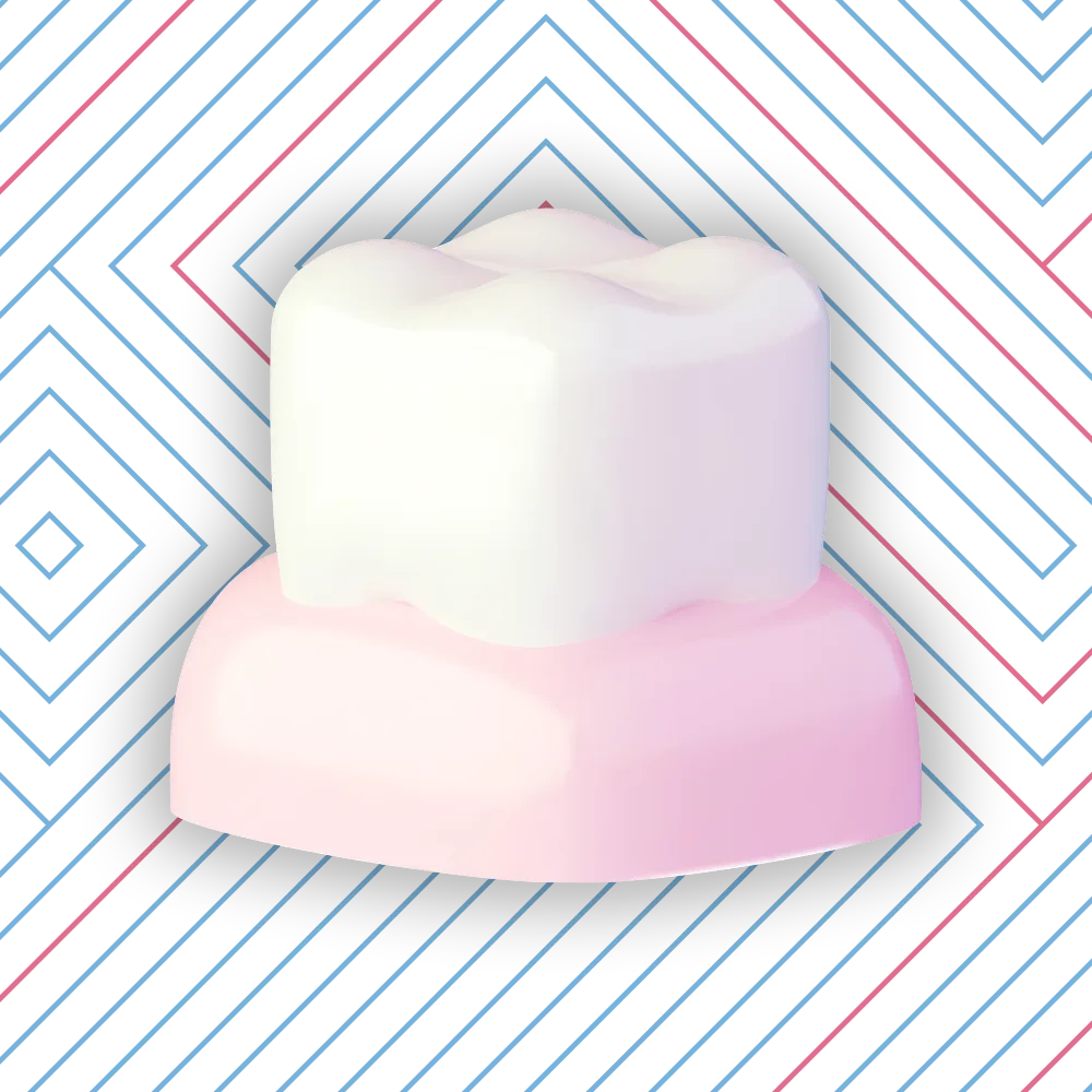 3D illustration of a white molar tooth on a pink gum base, set against a black background with blue and red geometric lines.