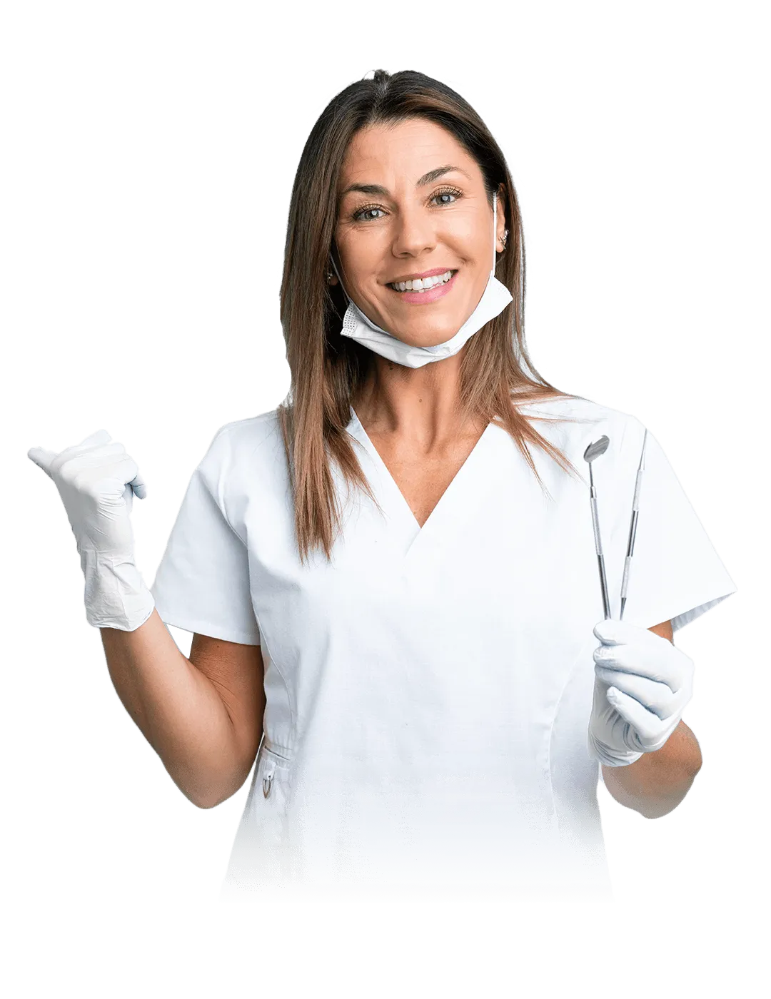 A smiling woman in a white medical uniform wears blue gloves and a mask around her neck, holding dental tools in front of a geometric background with blue and red lines.