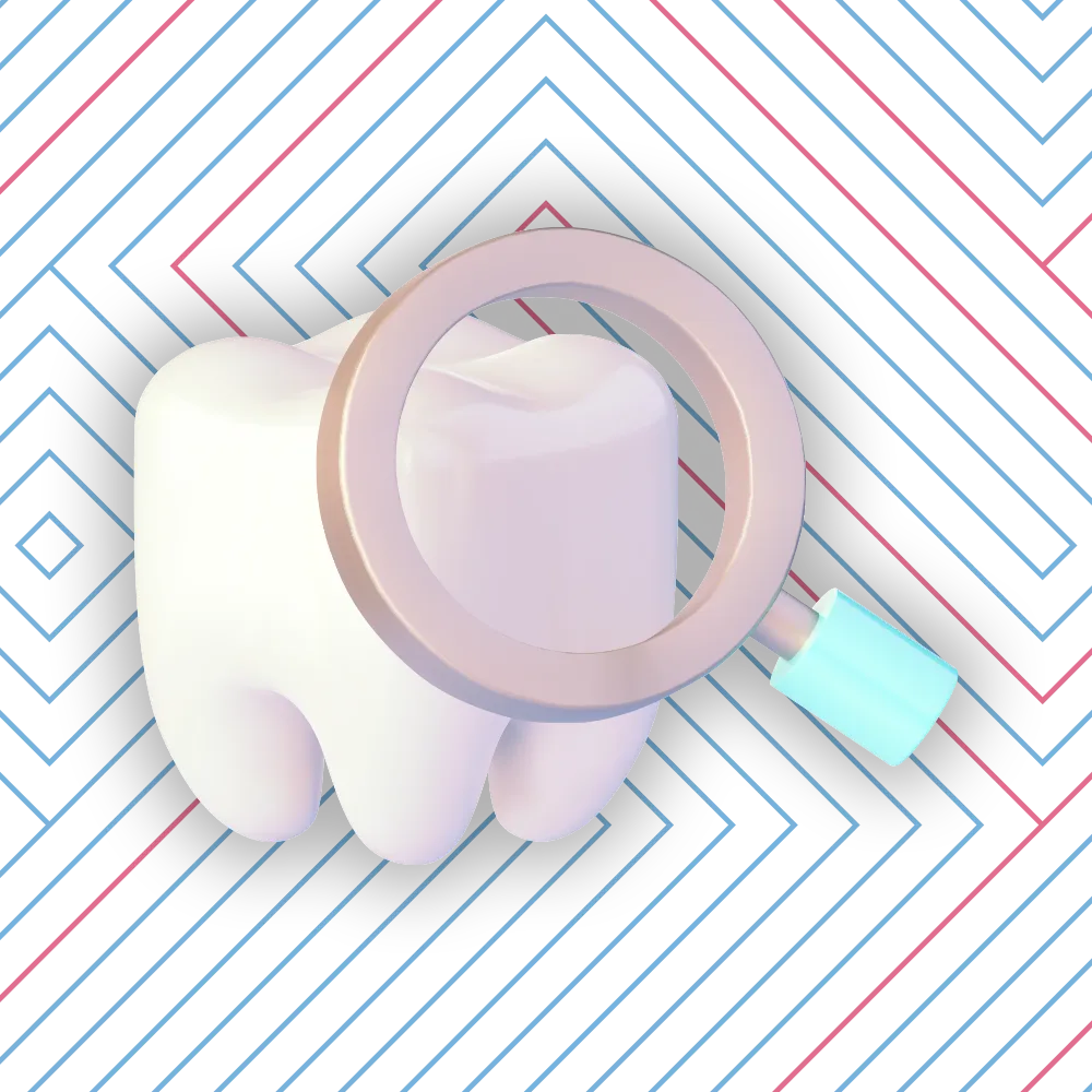  3D tooth model with a magnifying glass in front, set against a geometric background with diagonal lines.