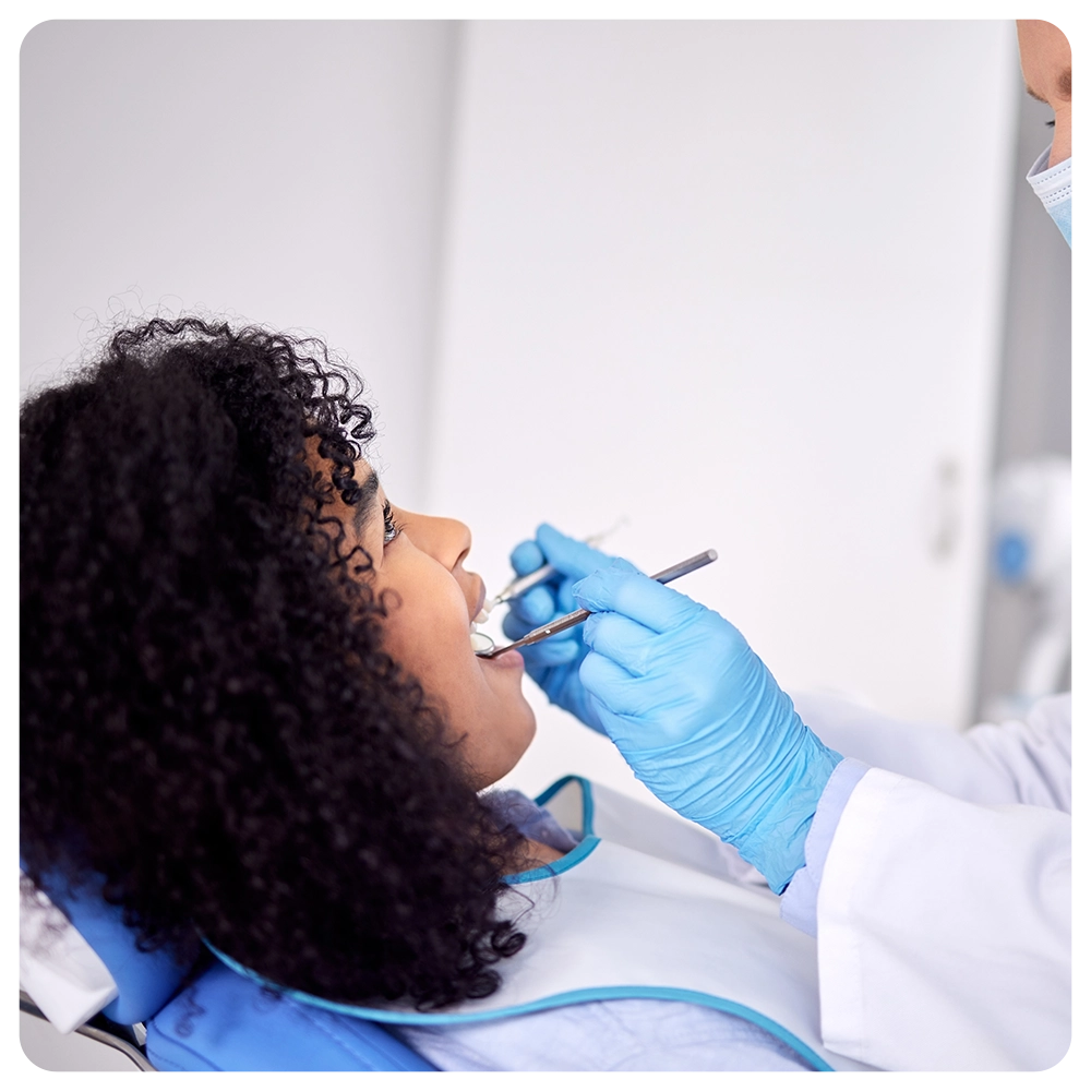 Dental inspection, mouth and woman at dentist for oral checkup, examination or treatment with tools.