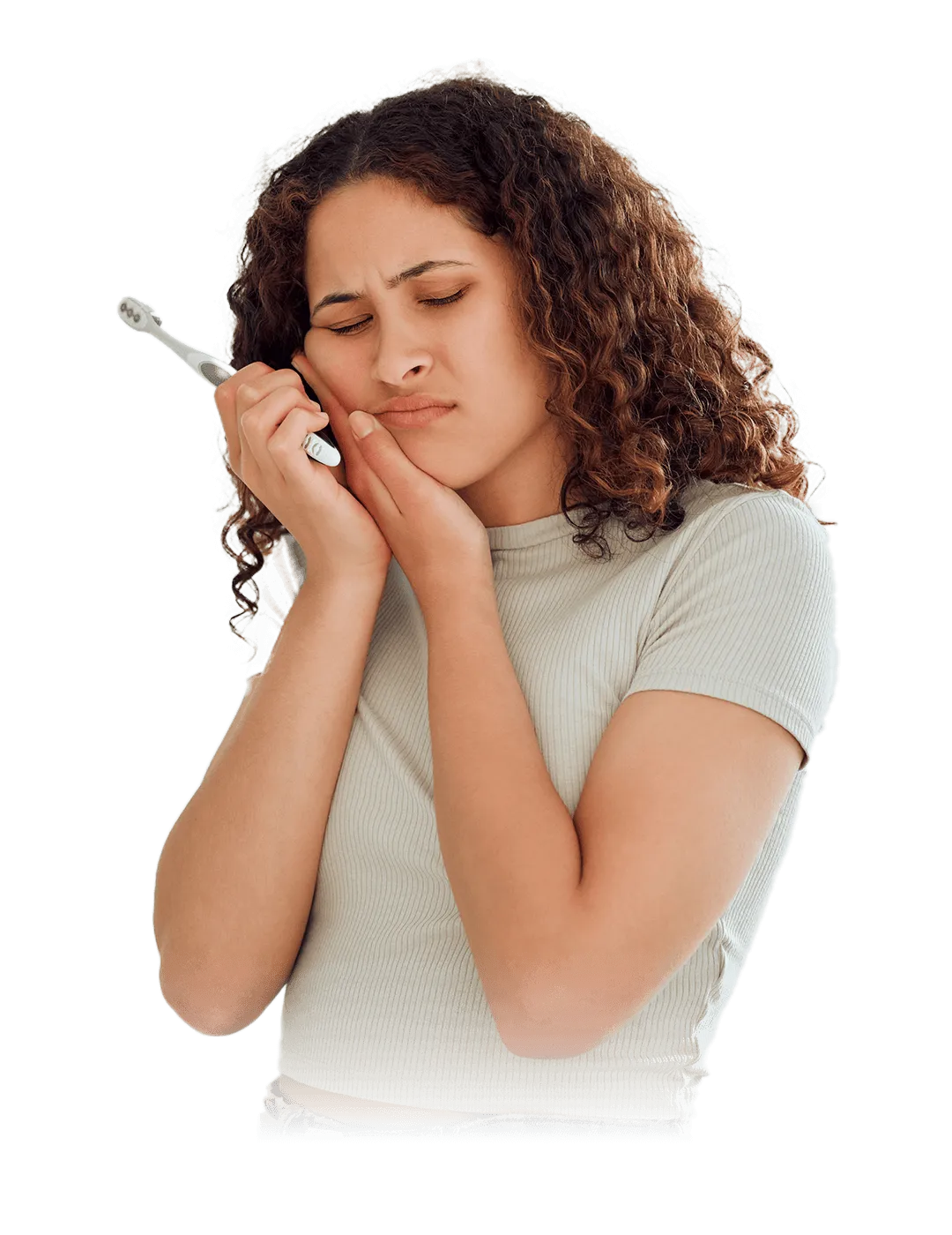 A young woman with curly hair holds a toothbrush to her cheek and winces in pain, suggesting a toothache. The background features a geometric pattern with black, blue, and pink lines.