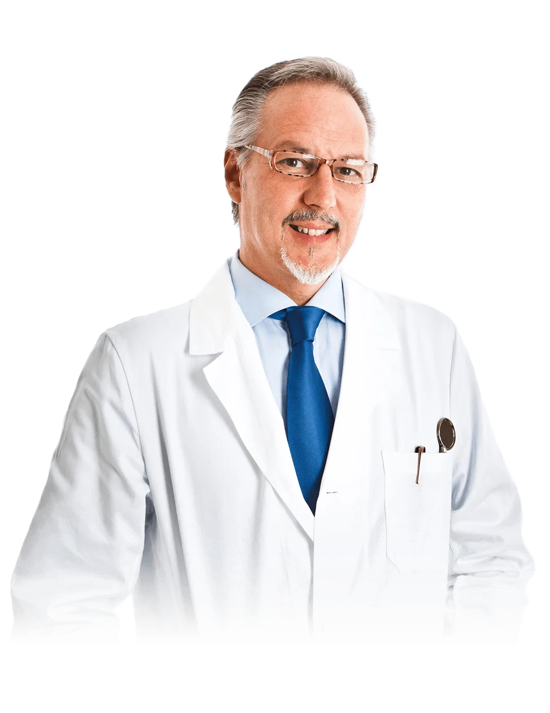A middle-aged man wearing glasses, a white lab coat, blue tie, and collared shirt, stands smiling in front of a black background with blue and pink geometric line patterns.